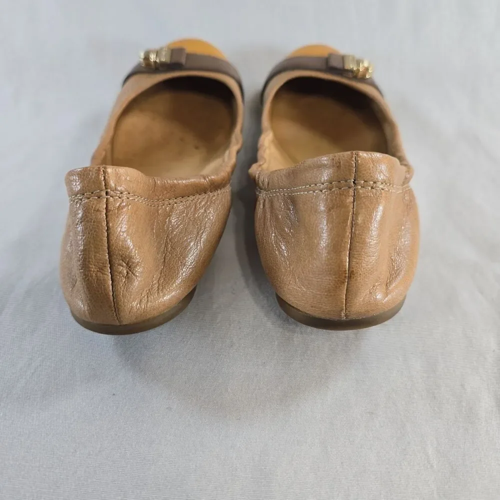 Coach Delphine Tan & Mustard Toe Leather Slip On Ballet Flats US 6 B Turn Lock